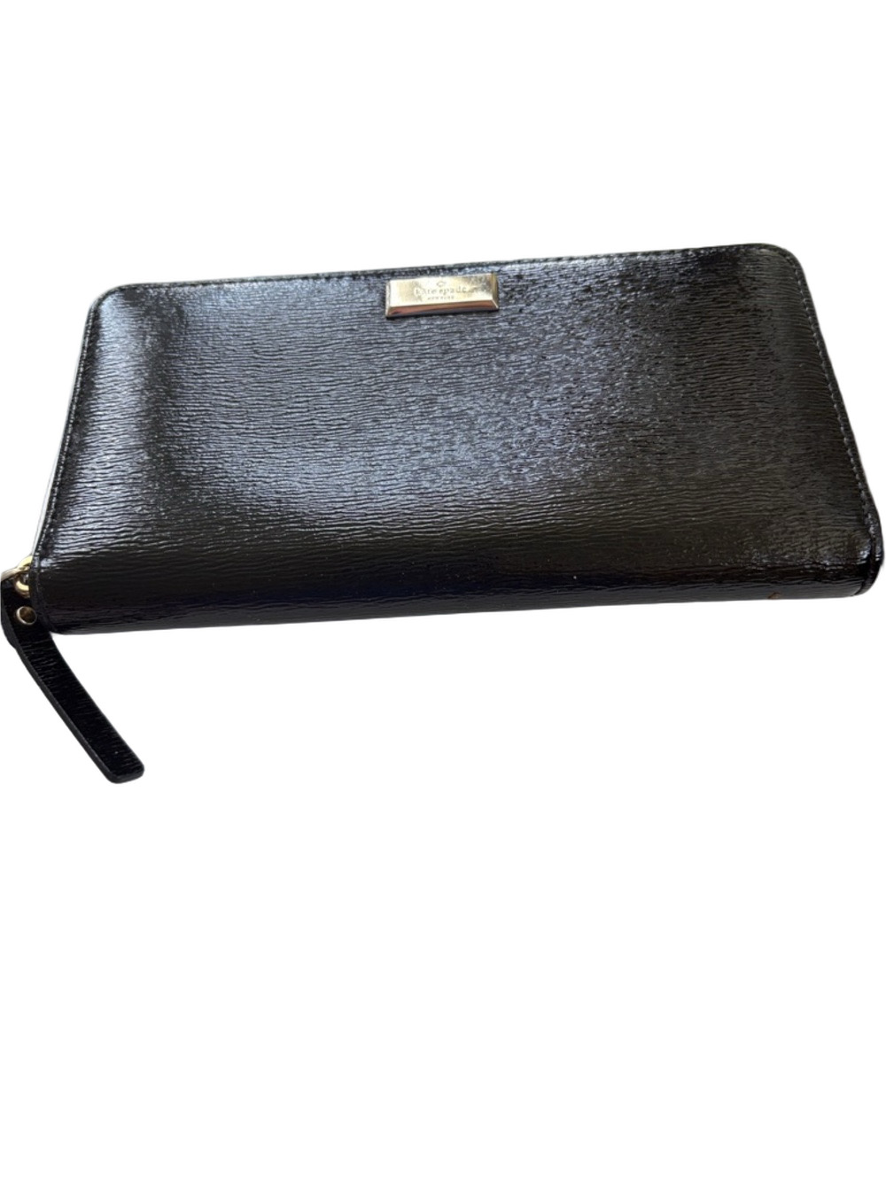 Kate Spade Large Continental Black Crinkle Patent Zip Wallet with Gold Plaque